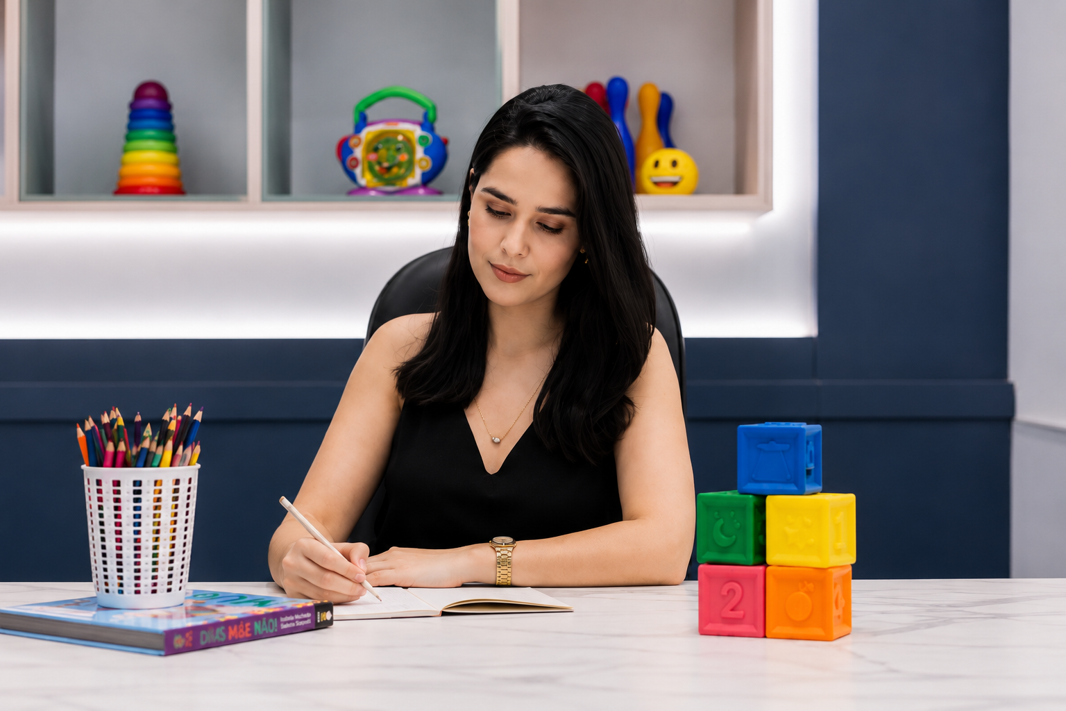 Marina Helena Santiago escrevendo em seu caderno de anotações